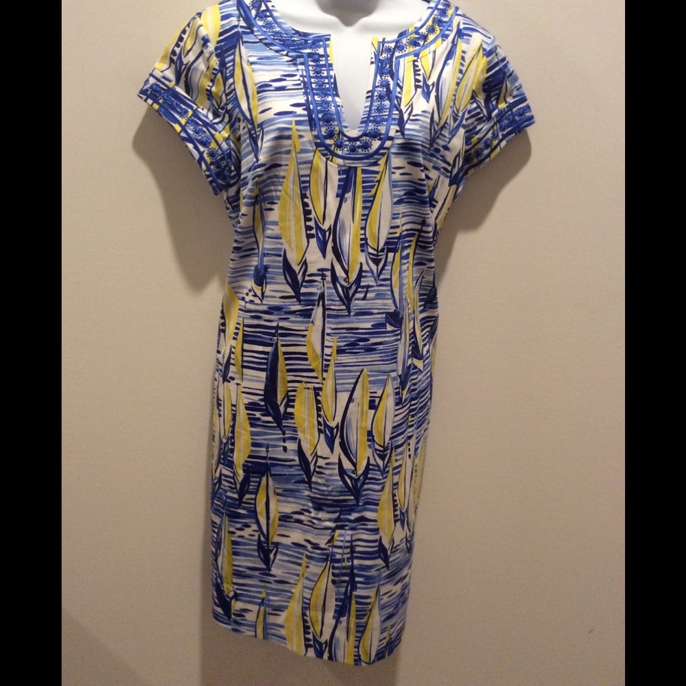 Blue & Yellow Printed Short Sleeve Women's Dress